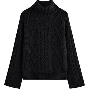 Stylish Black Oversized Turtleneck Cable Knit Sweater - Perfect for Fall 2025